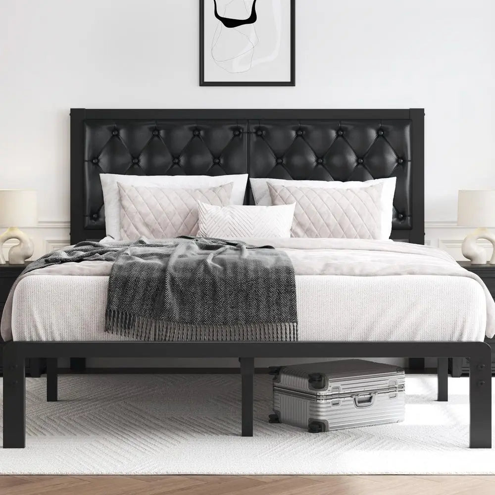 Queen Upholstered Bed Frame with Tufted Headboard Metal Slats No Box Spring