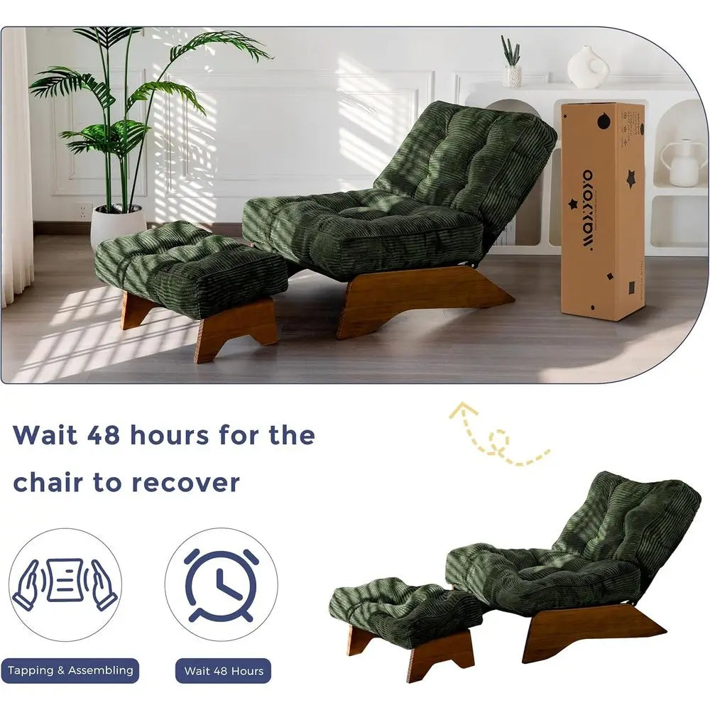Green Upholstered Reclining Chair with Ottoman for Living Room and Reading, Adjustable Backrest Lounge Chair Set