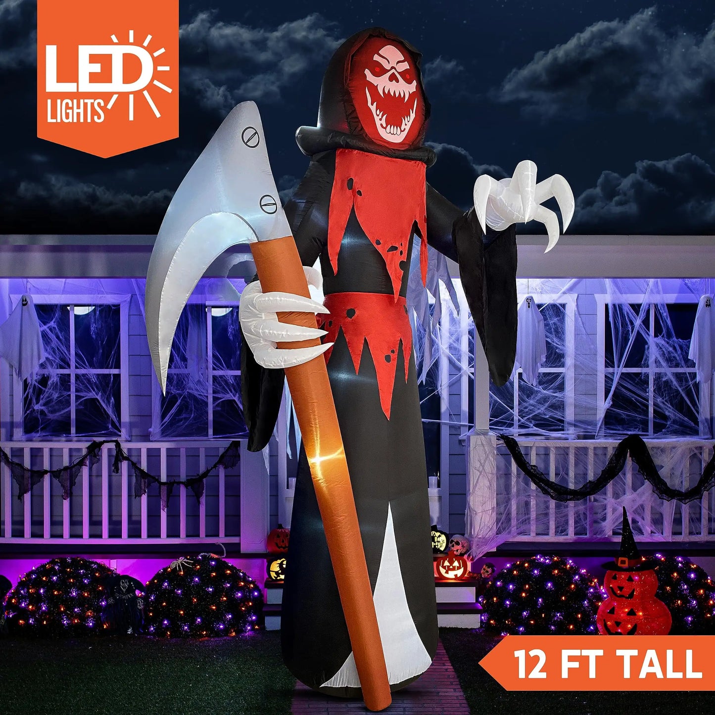 12 FT Tall Halloween Giant Grim Reaper Inflatable with Built-in LEDs Grim Reaper with Scythe for Halloween Decorations Outdoor Gift