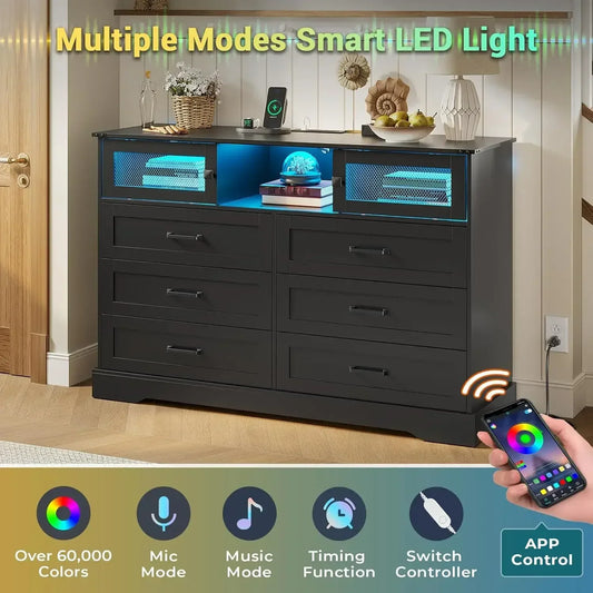 6 Drawers Dresser with LED Lights and Charging Station, Farmhouse Chest of Drawers Closet Organizer, Clothes Storage Cabine