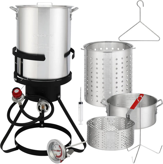 30 Qt Turkey Deep Fryer Set, Aluminum Fish & Seafood Boiler Steamer with 55,000 BTU Propane Gas Burner Stand Injector Thermomete