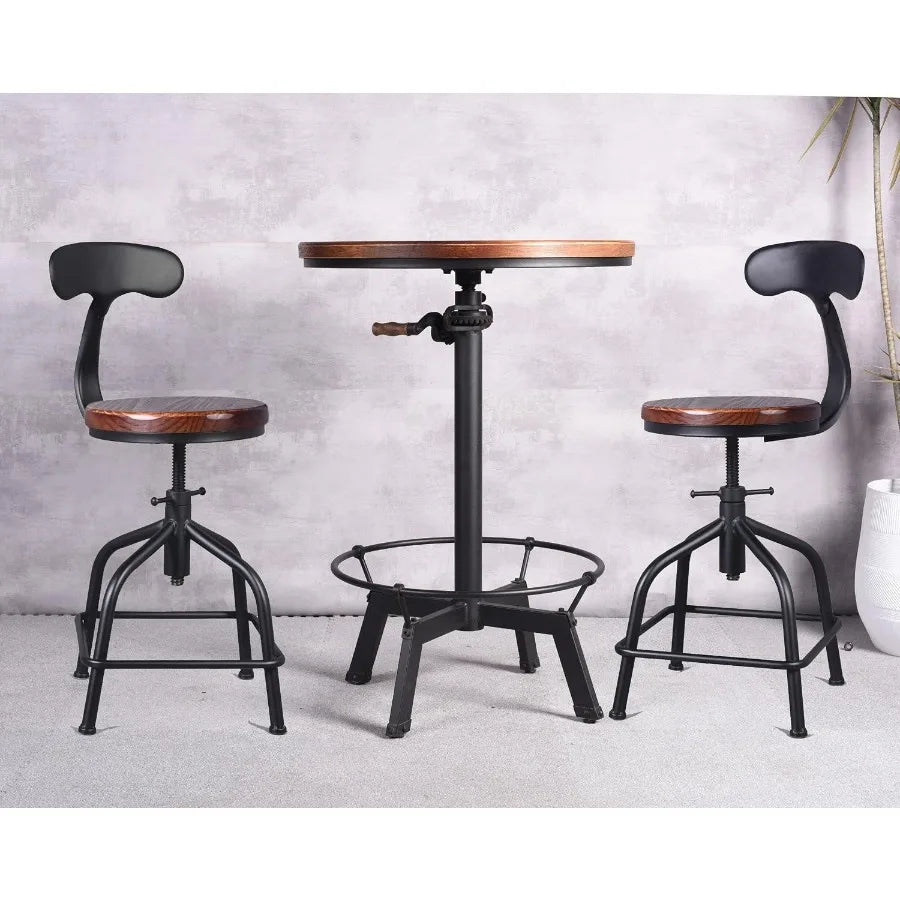 Three Piece Adjustable Bar Table and Stool Set with Black Iron Backrests
