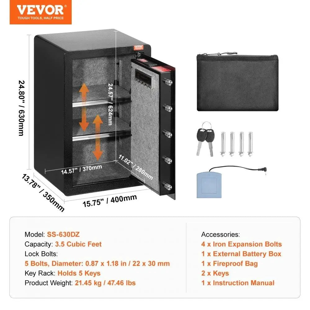 Large Single Door 3.5 Cu.Ft Key Lock Password LED Light Black Cash Passport Jewelry SafeBox