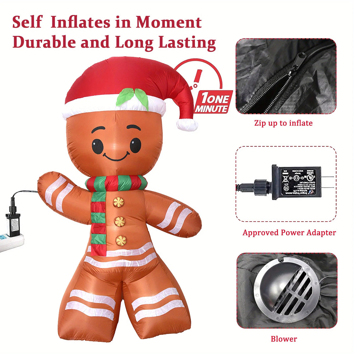7.8FT LED Light Up Gingerbread Man Inflatable Cheerful Christmas Blow Up Decor with Santa Hat Scarf Winter Holiday Quick Inflate for Outdoor Yard Garden Lawn Chird Party Inflatable Decorative Item