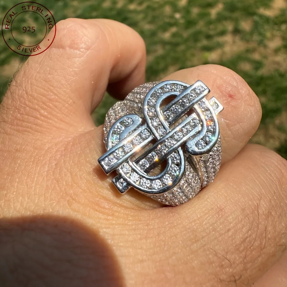 Men‘s 925 Sterling Silver Iced Out Money Dollar Sign Ring Hip Hop Style 14K White Gold Plated Jewelry