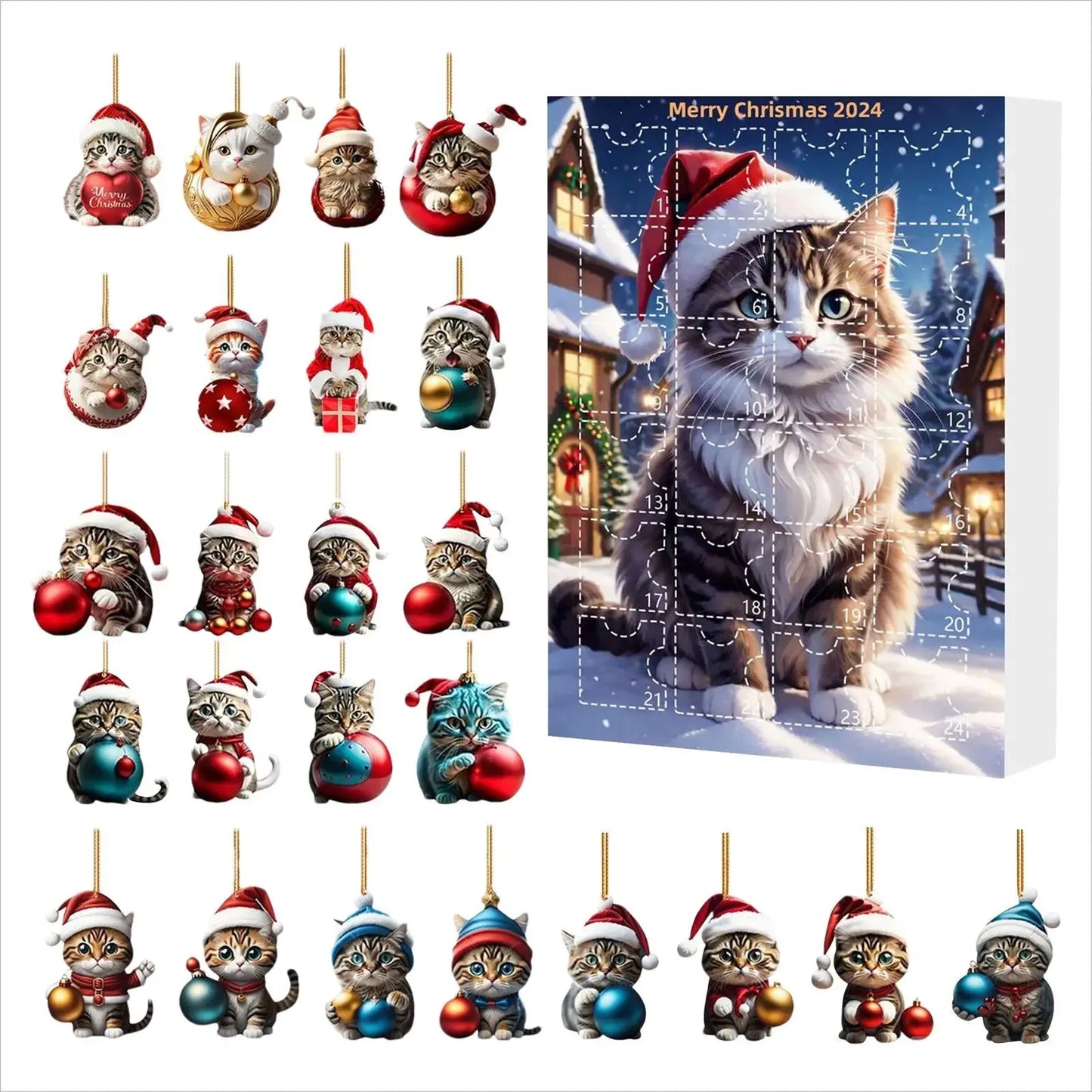 24-Day Christmas Countdown Calendar Cat Ornament Advent 2D Acrylic Cute Cat Ornaments Animal Charm Pendant for Window Backpack