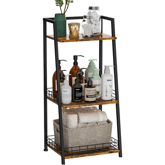 3-Tier Bathroom Shelf with Fence, Retro Bathroom Organizers and Storage Stand, Wood Shelving Unit with Metal Frames, Classic Ope