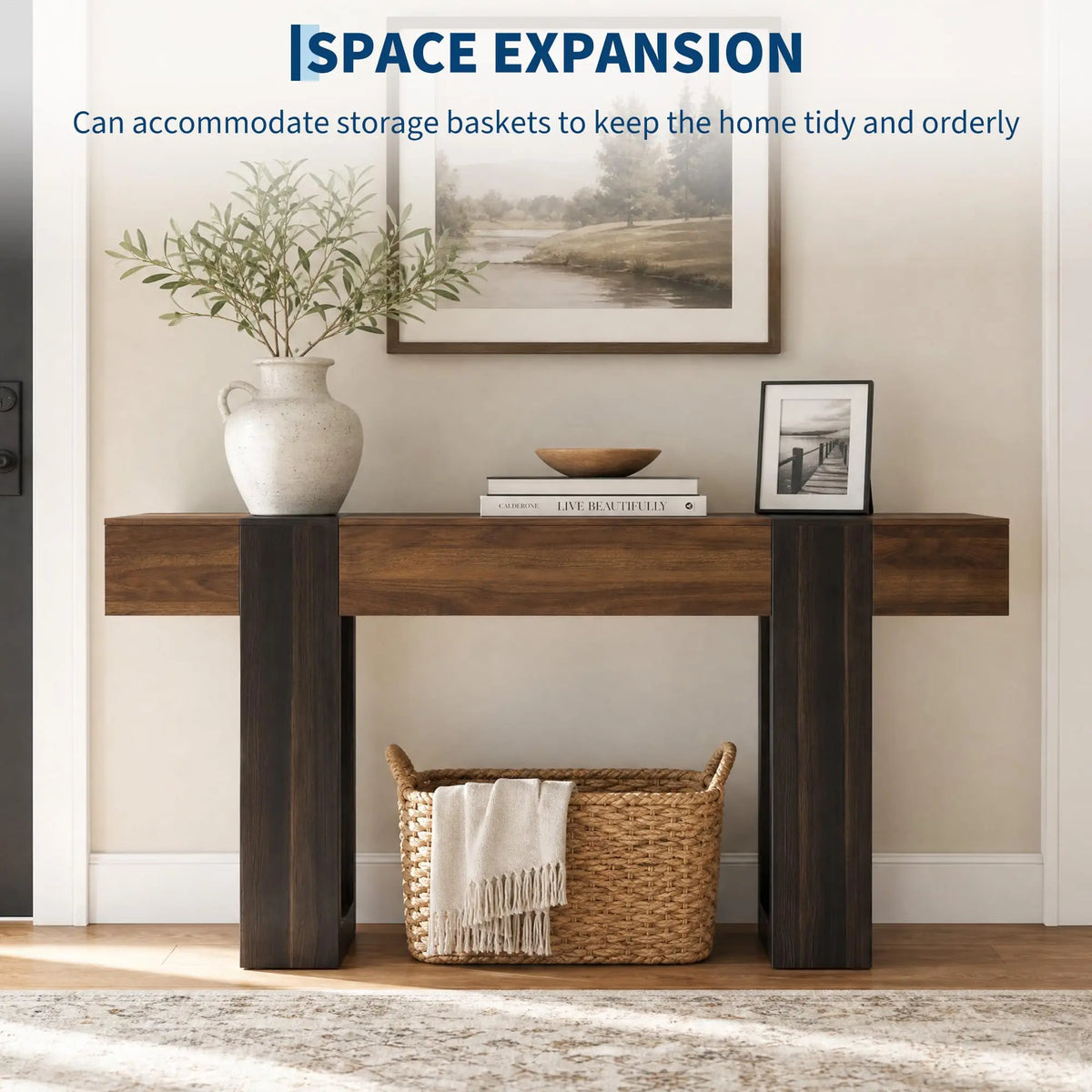 Two Tone Wood Grain Console Sofa Table for Entryway Hallway Living Room