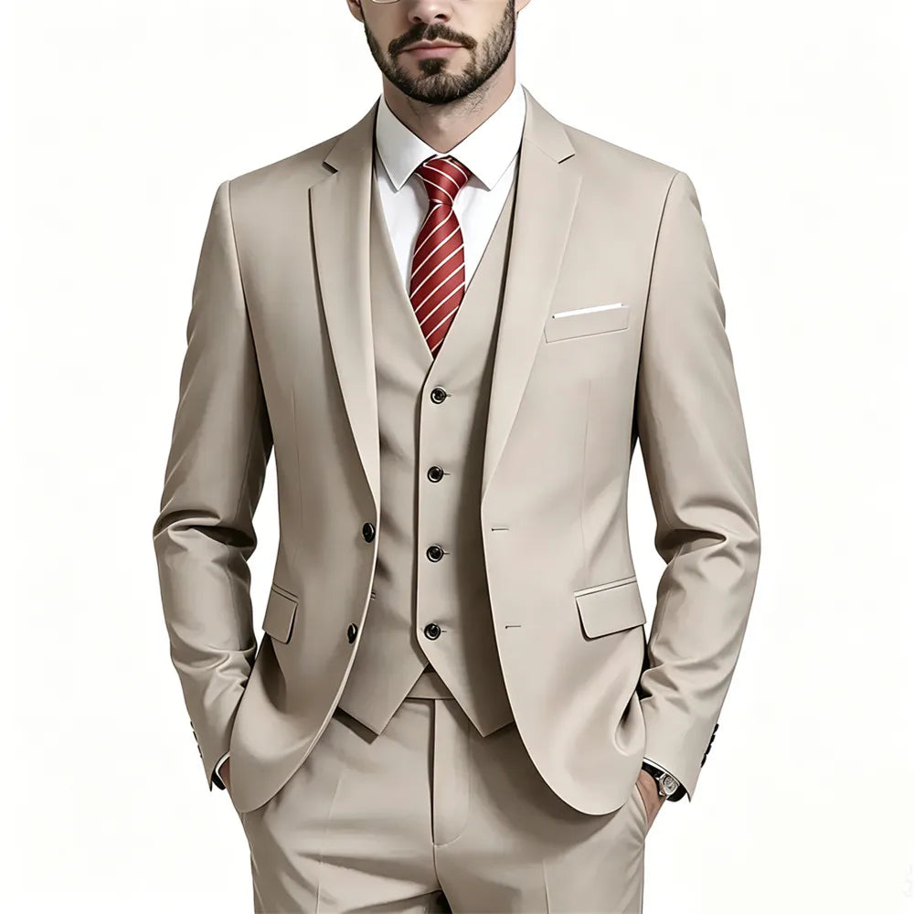 Men's Suit 3 Pieces Set Solid Color Slim Fit Business Leisure Banquet Wedding Groom Dress Jacket Vest with Pants