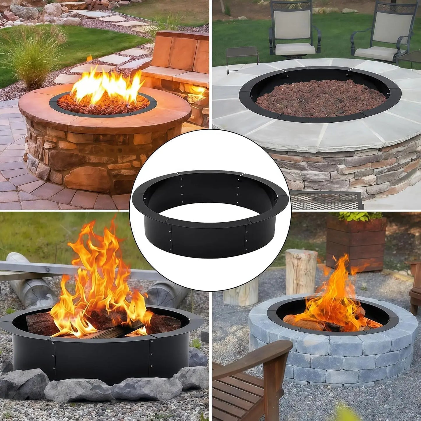 Round Fire Pit Ring 48/60 Inch, Carbon Steel Outdoor Campfire Ring With Vent Holes For Firewood Garden Patio Camping