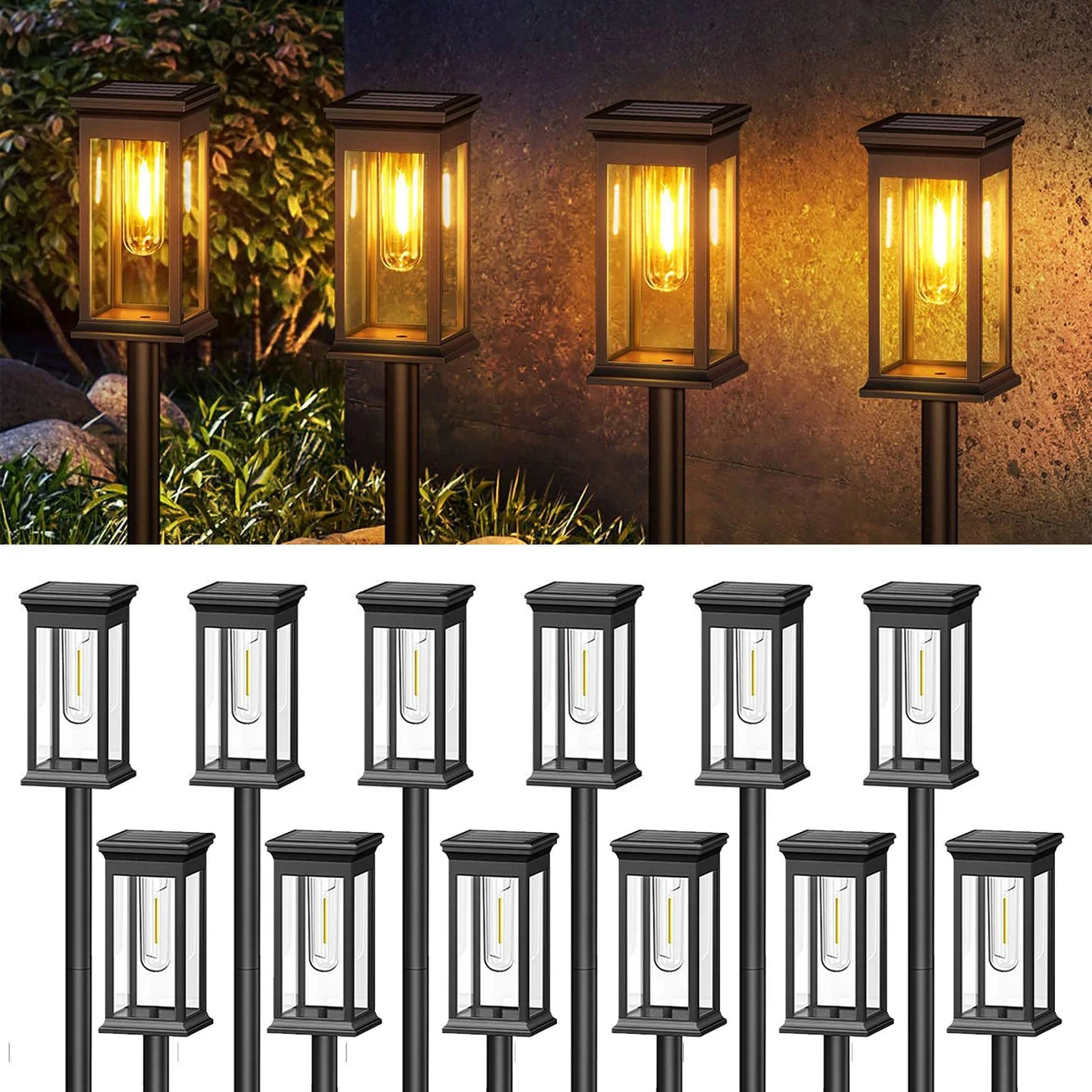 6/12 Pack [Upgraded] Solar Lights, 2700K Warm White, Super Bright 12Hrs, for Yard/Garden Walkway
