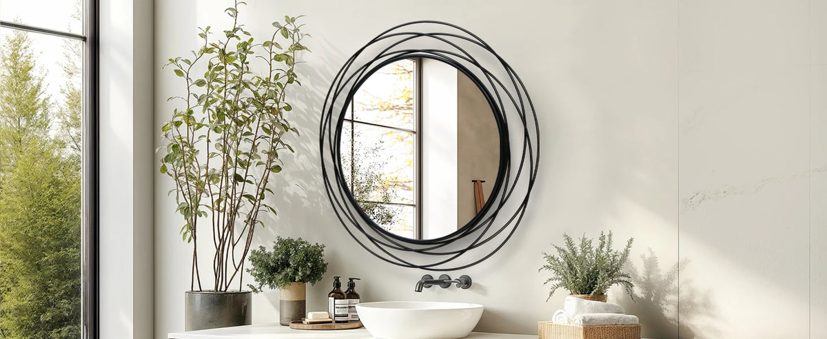 32 Inch Round Black Iron Wire Frame Decorative Wall Mirror for Living Room
