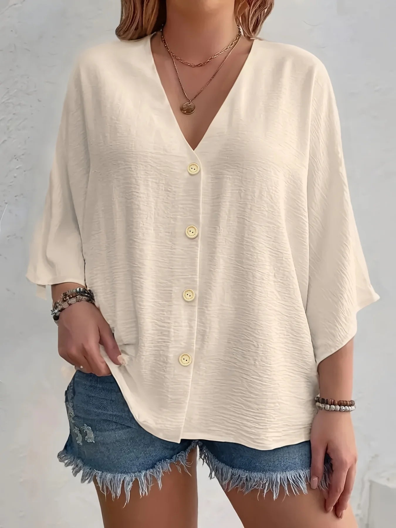 Plus Size Woman Casual T-shirt Solid Color Breathable Spring/summer V-neck Button Travel Wear American Style Female Clothing