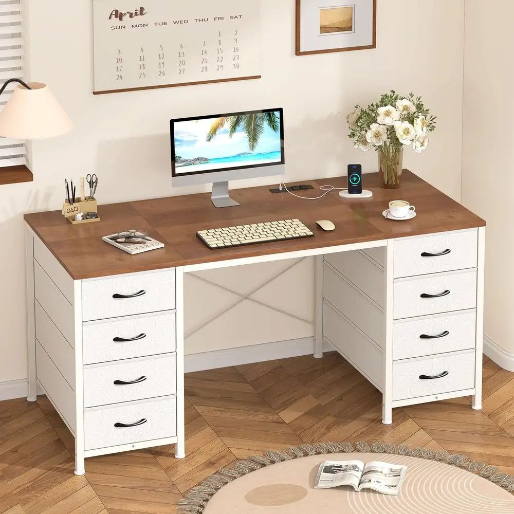 L Shaped Computer Desk with 8 Drawers and Power Outlets for Home Office