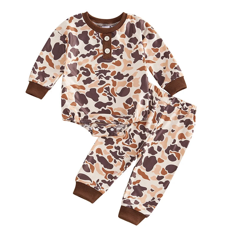 Infant Boys Fall Outfits Camouflage Letter Pattern Long Sleeve Crew Neck Rompers with Elastic Waist Pants 2 Pcs Set
