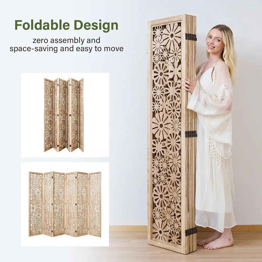 Folding Wood Room Divider Panel, 67 Inch Tall Daisy-Carved Privacy Screen - No-Assembly Required, Decorative Flower Carved Room