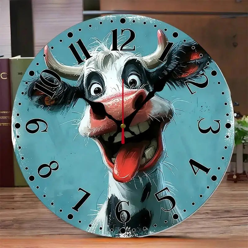 DIY 2D Flat Creative Cow Design Wooden Round Silent Hanging Wall Clock, Suitable For Living Room, Office,Study Room,Bedroom, Home Decoration