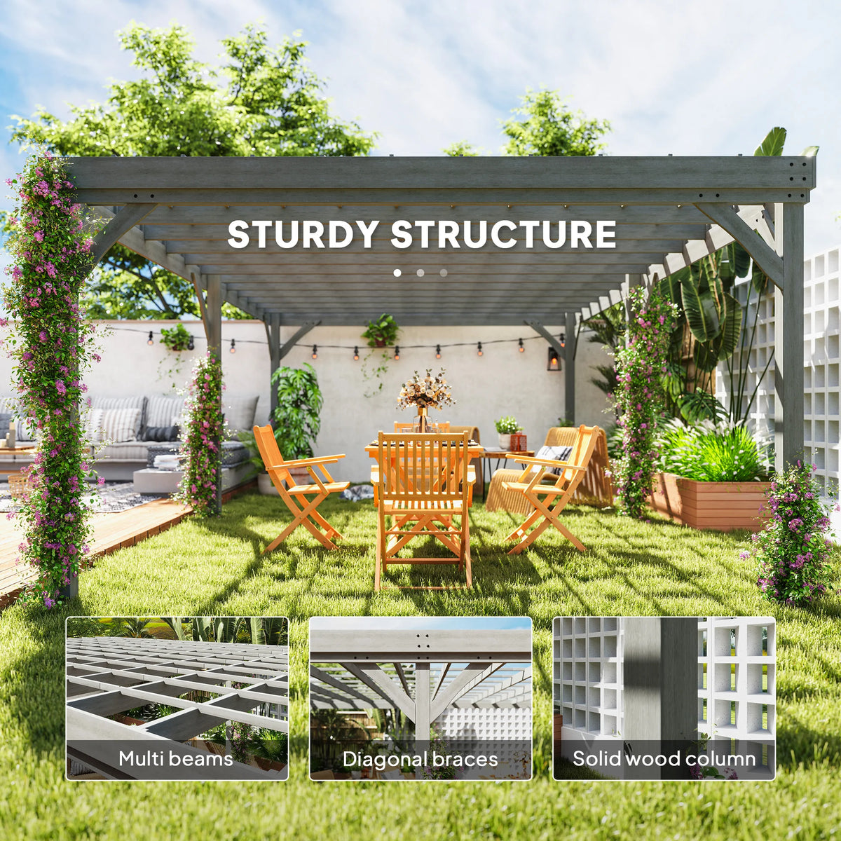 12' x 20' Outdoor Wood Pergola Gazebo with Stable Structure, Gray