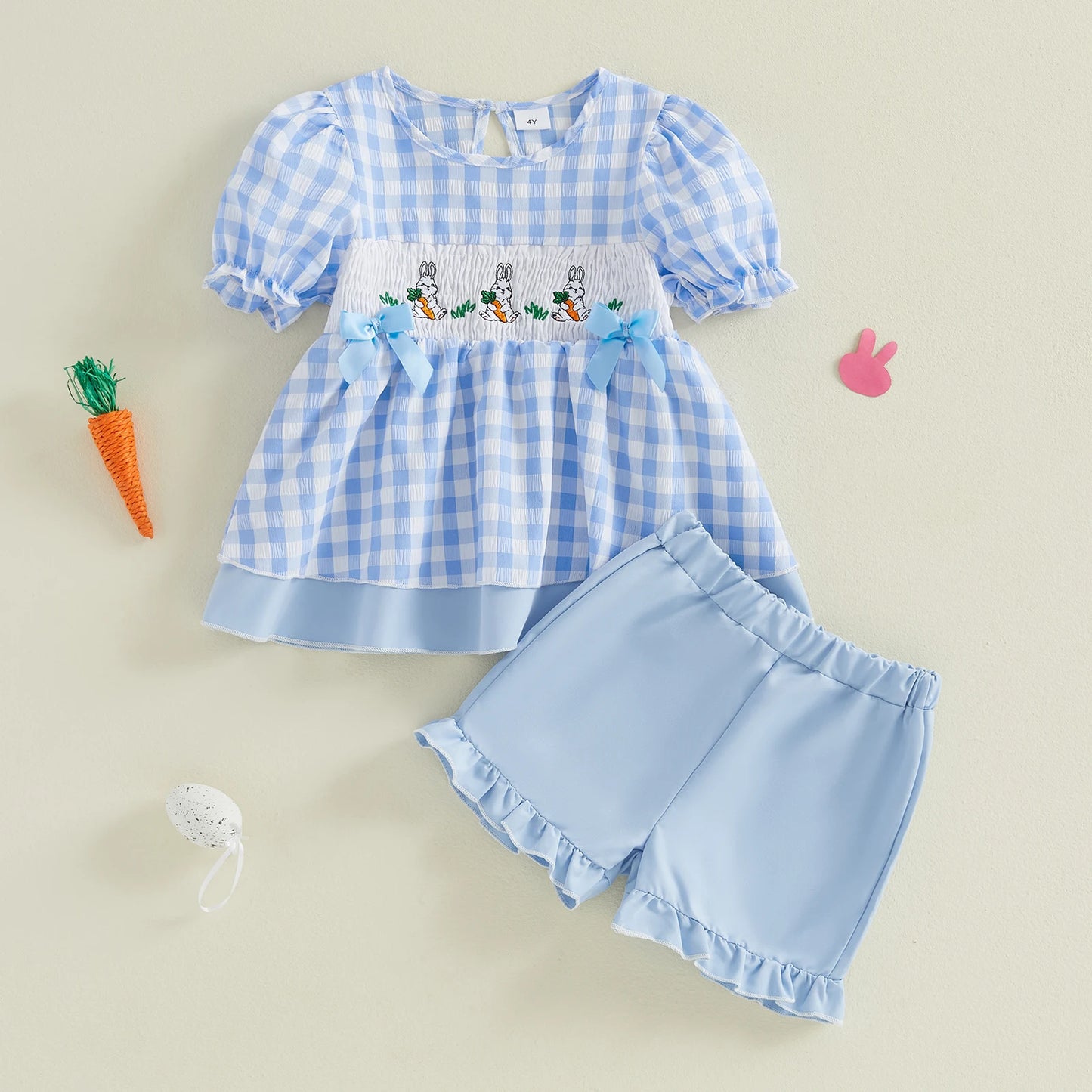 Adorable Girls Easter Outfit Set with Bunny Embroidery Plaid Shorts and Round Neck Top - Fashionable 2 Piece Ensemble