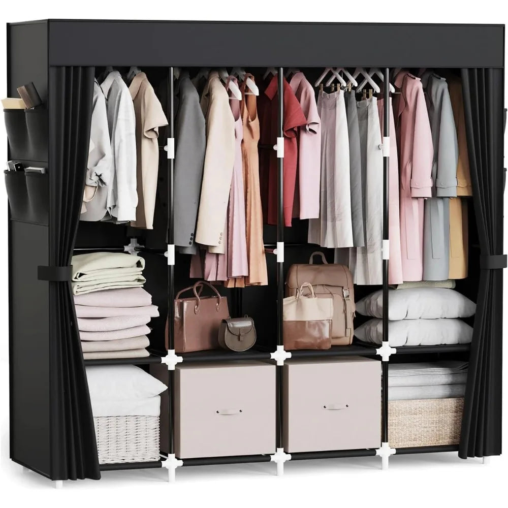 Portable Clothes Organizer with 4 Hanging Rods Large Fabric Wardrobe Storage for Bedroom Living Room Black