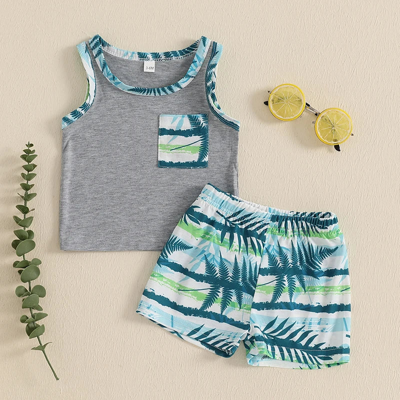 Toddler Baby Boy Shorts Set Leaf Print Sleeveless Tank Tops Elastic Waist Shorts 2 Pcs Summer Outfit