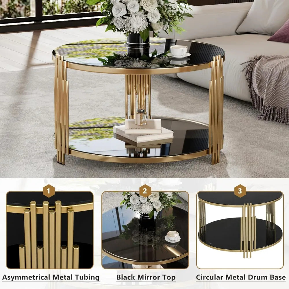 mirror coffee table, asymmetrical metal, circular metal drum base, gold finish lower shelf modern, black