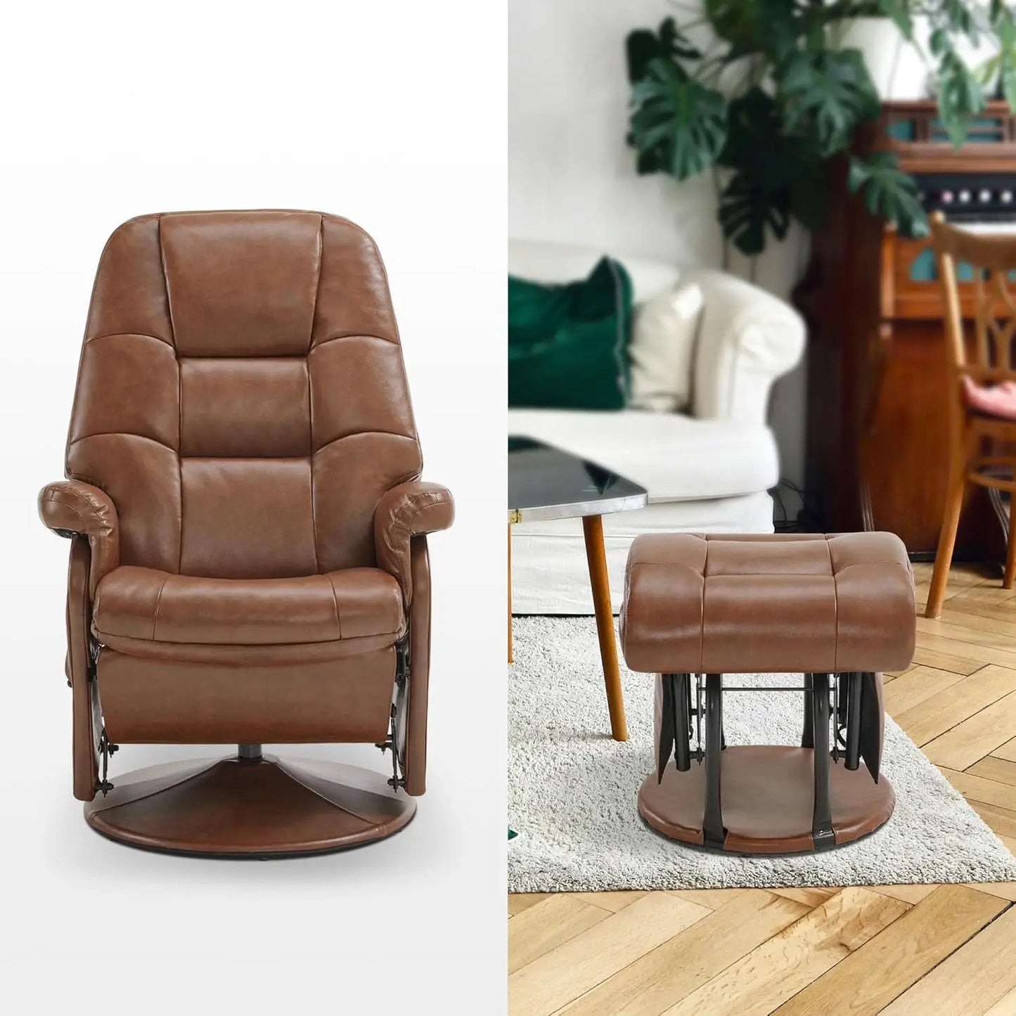 Swivel Glider Recliner Chair with Ottoman, Adjustable Back Faux Leather Lounge, Living Room Bedroom, Brown, Customized
