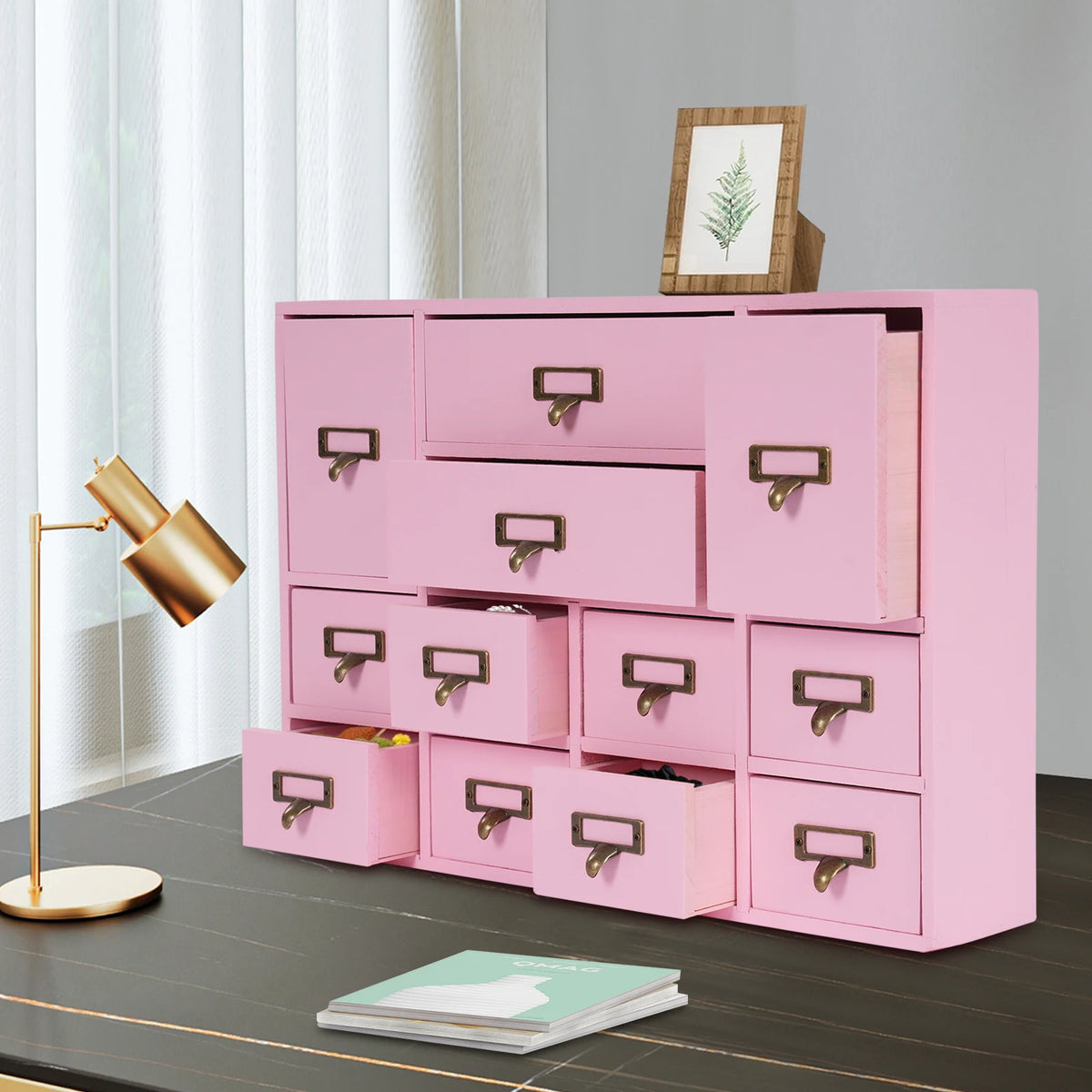 Desktop Drawer Organizer 12 Drawers, Wooden Desk Storage Box with Label Slots, Multipurpose Countertop Small Parts Cabinet, Office Craft Jewelry Art Supplies Home Counter Cosmetics Dock, No Assembly Needed, Brown/Black/Pink/B