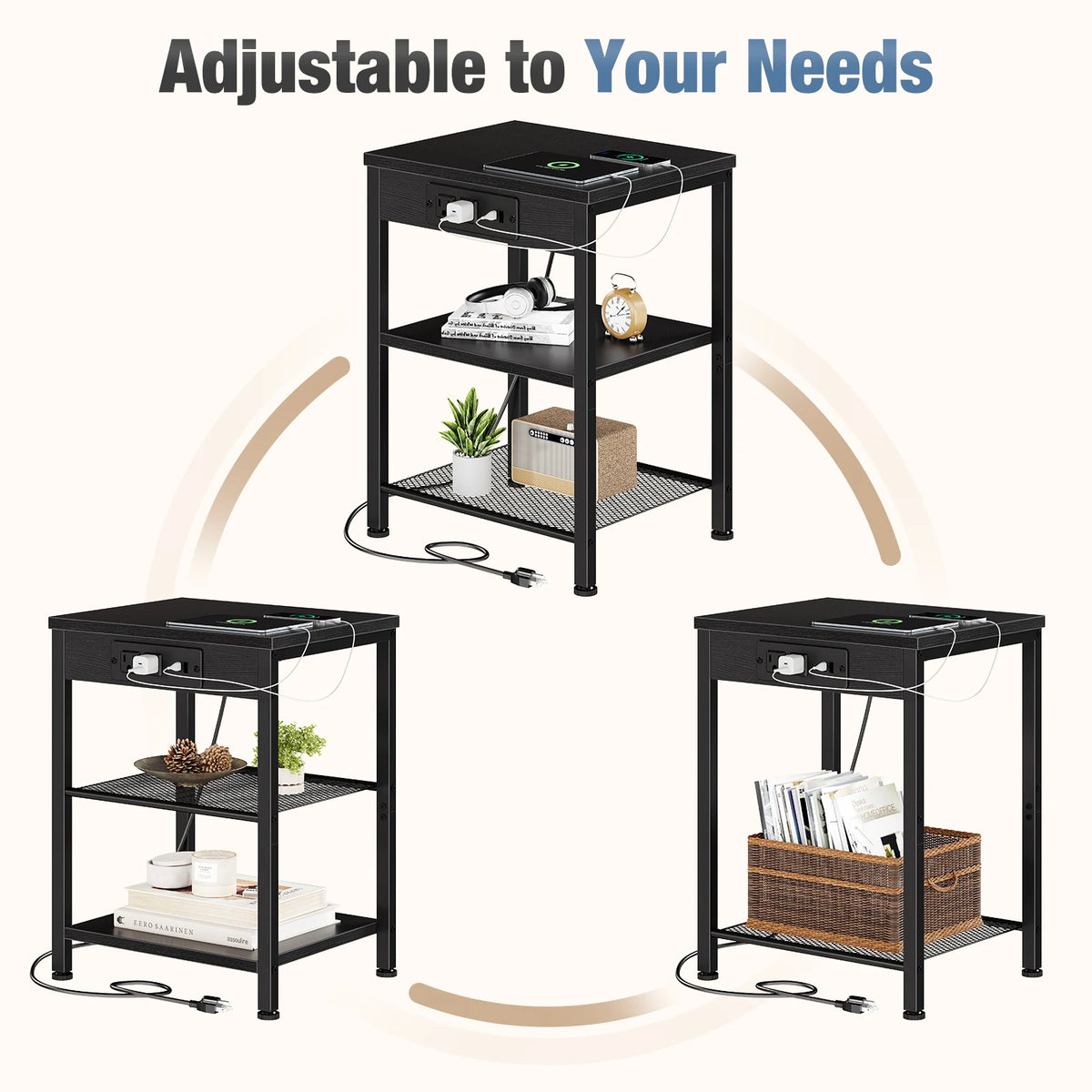 JHK 3 Tier Side Table Nightstand with Charging Station and USB Ports