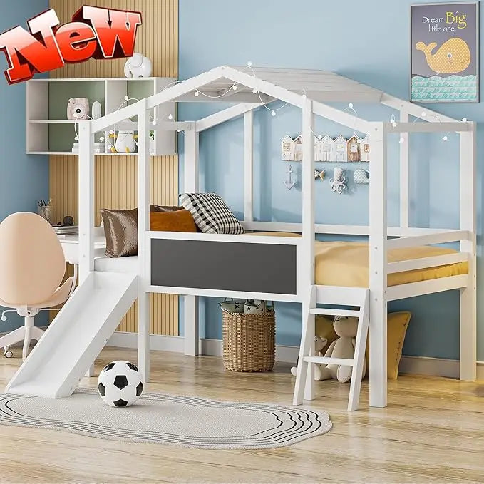 Harper & Bright Designs Kids House Loft Bed with Slide, Twin Size Low Loft Bed with LED Lights & Blackboard, Wood Playhouse Loft