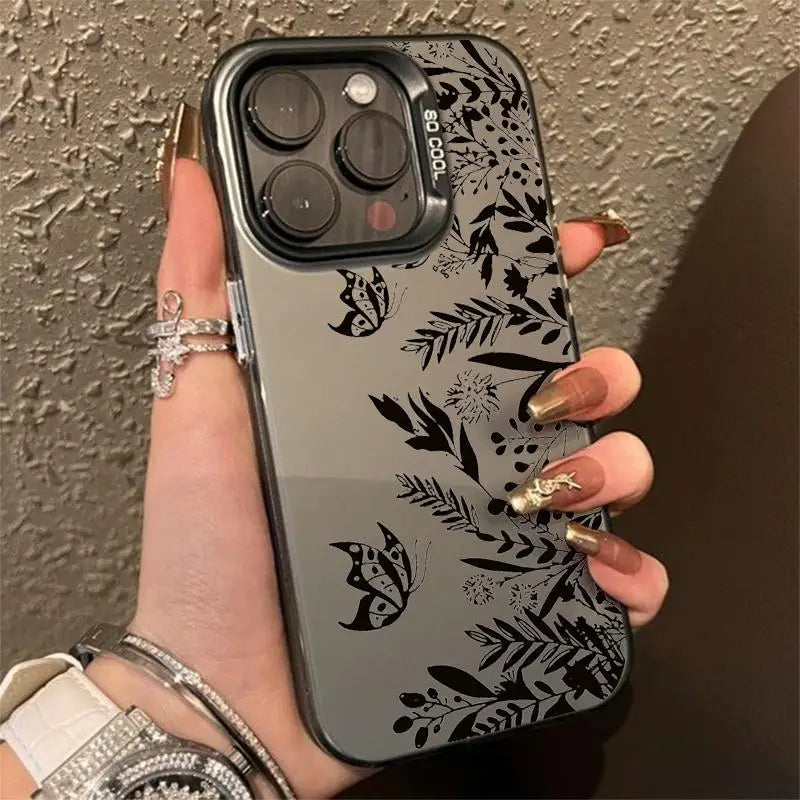 Luxury Lace Florals Pattern Case for IPhone 16 Pro Max 15 Pro 14Plus 13 12 11 Shockproof Anti-slip Hard Phone Protective Cover