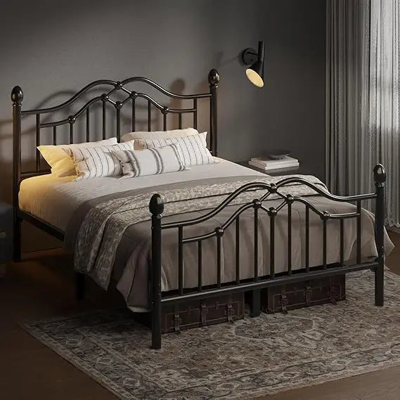 Full Metal Bed Frame with Classical Headboard and Footboard, Platform Bed Frame with Sturdy Metal Slats Support, Adequate Under