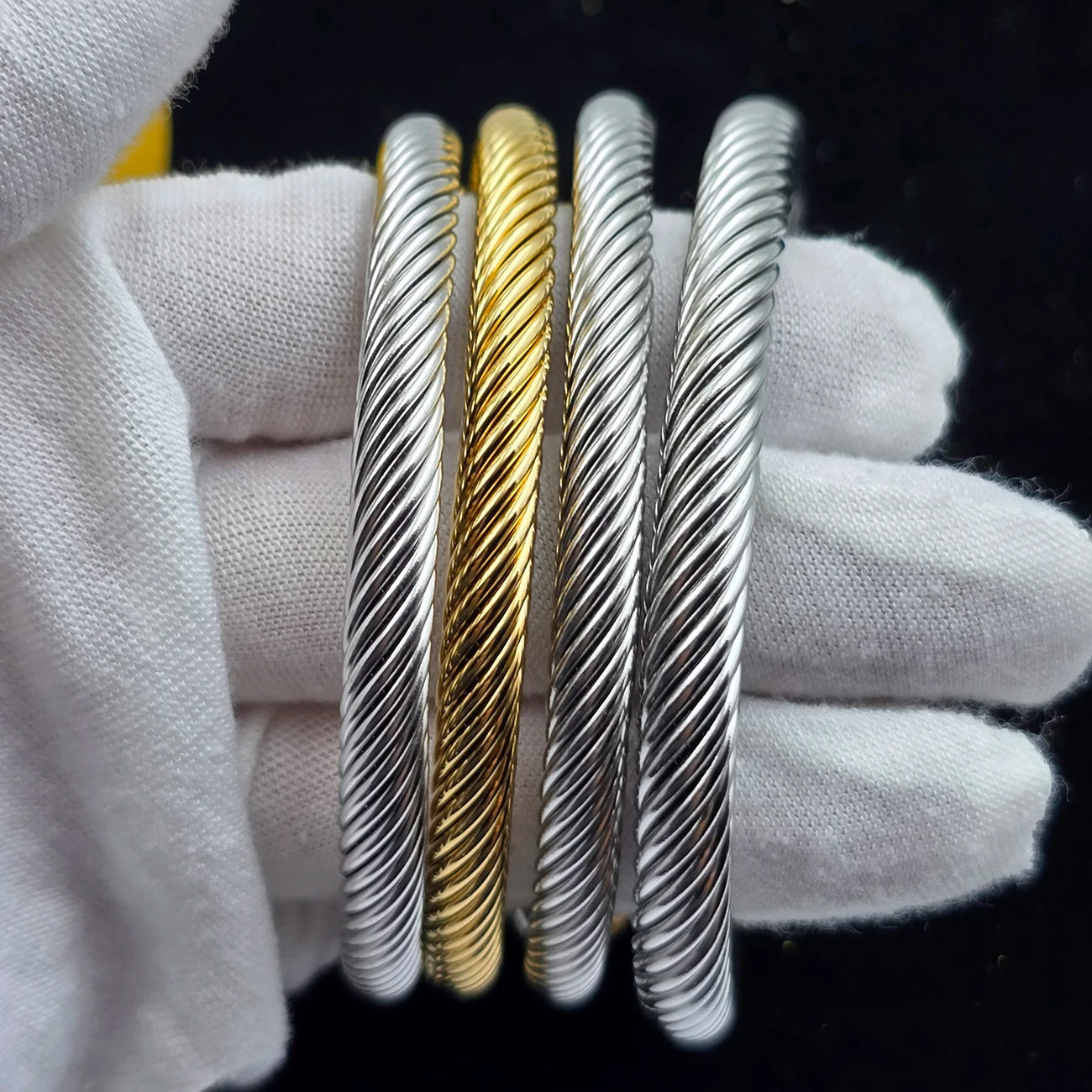 7mm Stainless Steel Cable Bracelet Designed for Women Two-Tone Open Twisted Rope Bracelet with Jewelry Pouch Gift for Women