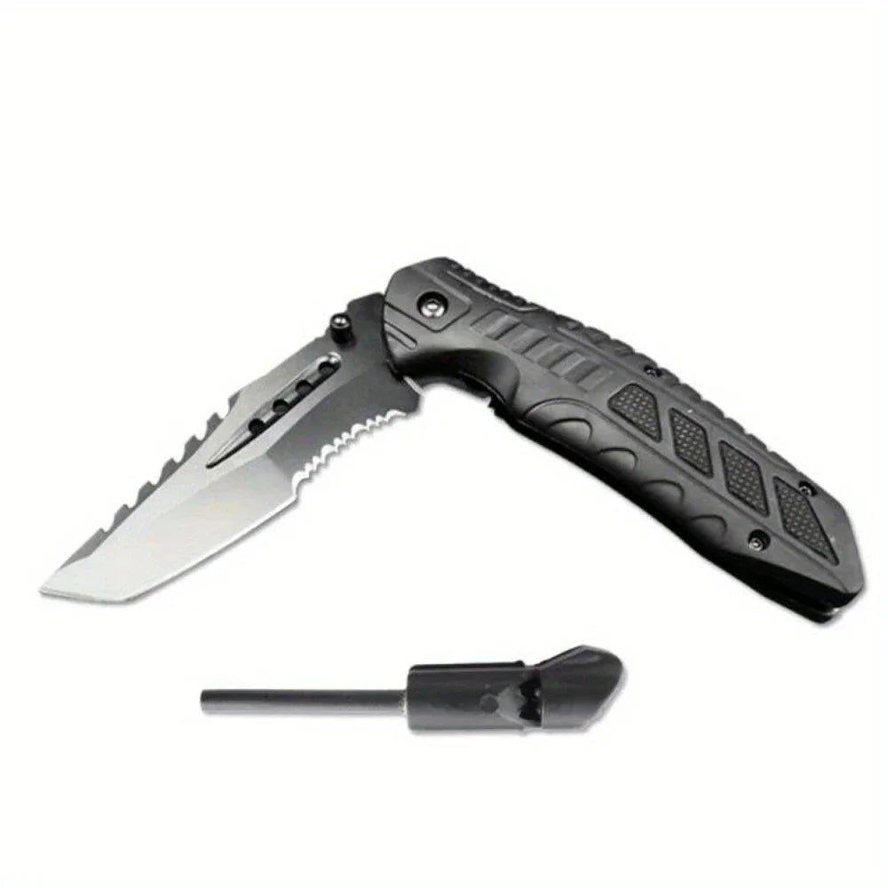 Tactical Folding Knife with Serrated Blade, Glass Breaker & Bottle Opener, EDC Pocket Knife for Men, Outdoor Survival Camping