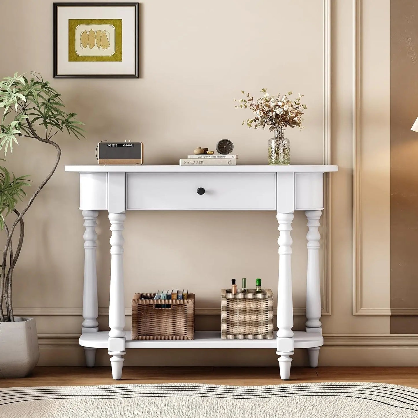 Small Curved Console Table 36-Inch Retro Farmhouse Entryway Sofa Table with Drawer & Storage Shelf for Entry, Customized
