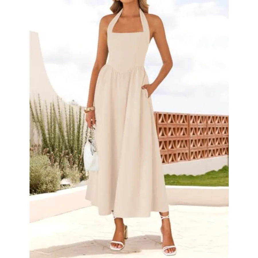 ZESICA Women's Summer Sleeveless Halter Midi Dress 2026 Off Shoulder High Waist Flowy Formal Wedding Guest Long Dresses