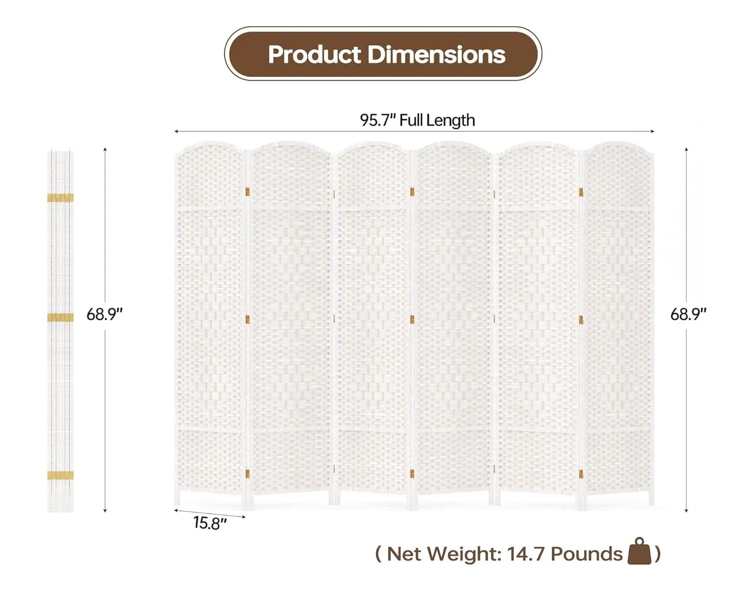 6 Panels Room Divider 6 FT Tall Weave Fiber Privacy Screen Freestanding Double Hinged Folding Screen Extra Wide, Customized