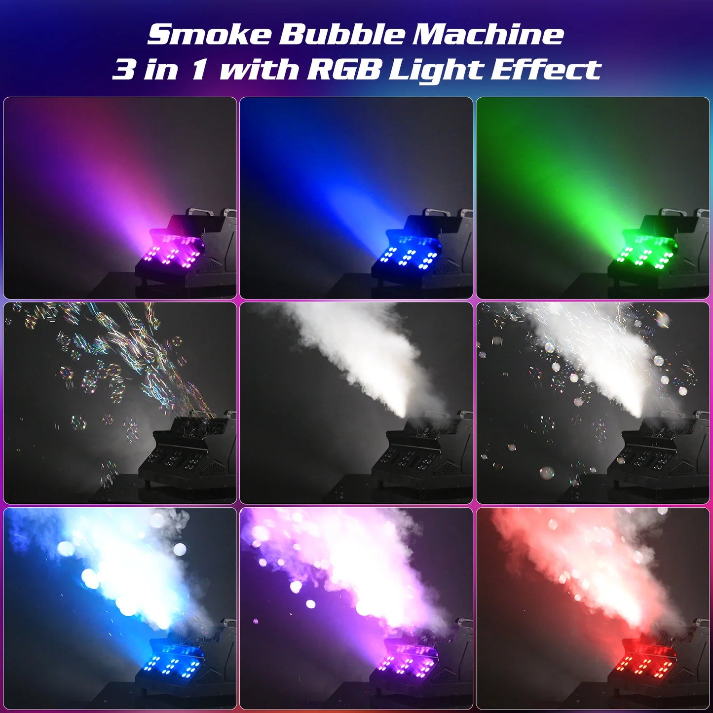 Yiflamefly 1500W Bubble Fog Machine 8 RGB 3IN1 LED Smoke Bubble Machine DMX Stage Light with Remote Control For DJ Wedding Party