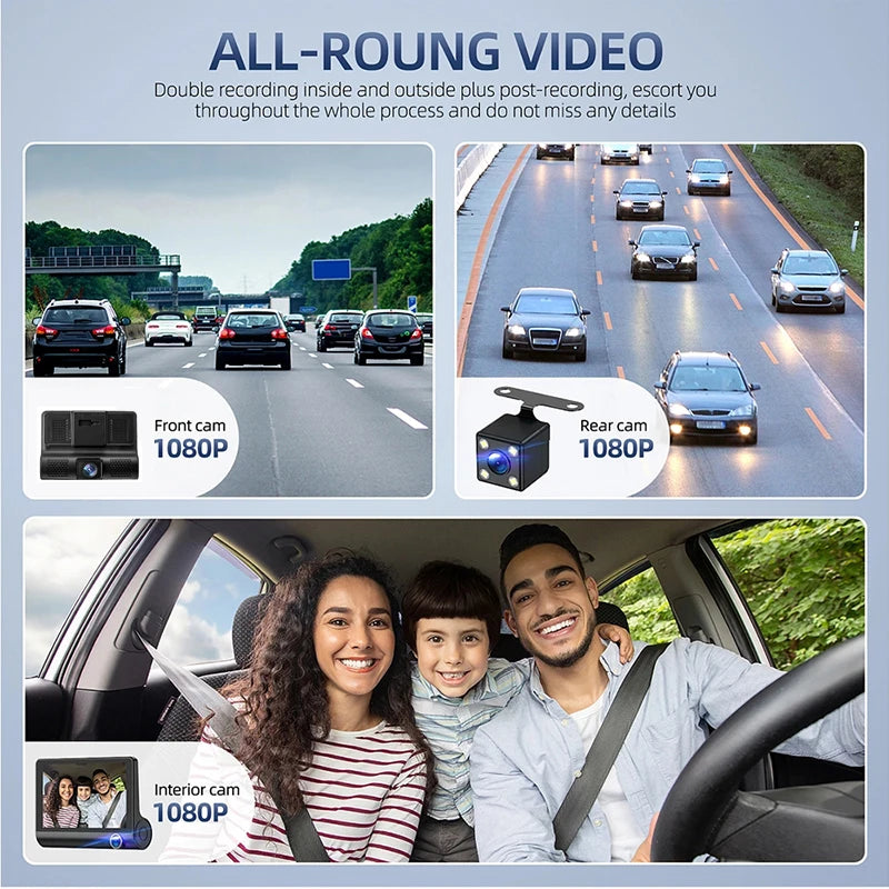 4.0-Inch 1080P HD Night Vision Dash Recorder 3 Camera Cycle Recording Can Record Three Viewing Angles At The Same Time