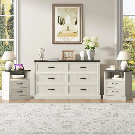 Farmhouse Dresser and Nightstand Sets for Bedroom, 3 Pcs Bedroom Set, 6 Drawer Dresser & Nightstand Set of 2, Modern Wood Chest