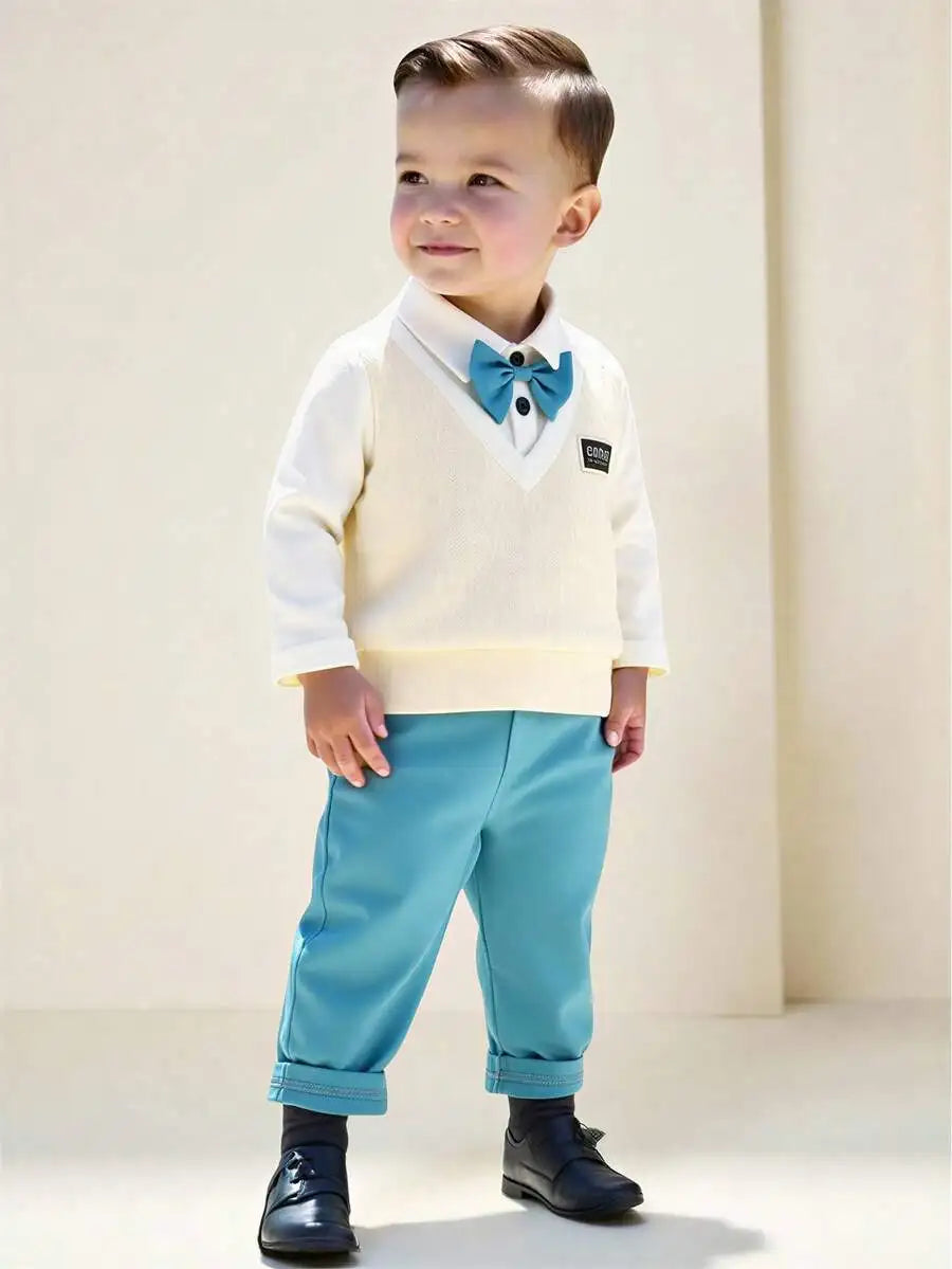 2-Piece Baby Boy Formal Outfit: Knit V-Neck Sweater with Bow Tie + Elastic Waist Pants