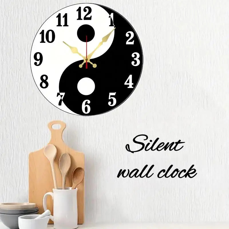 DIY 2D Flat Tai Chi Bagua Wooden Round Silent Hanging Wall Clock, Suitable For Living Room, Office, Study Room, Bedroom, Home Decoration