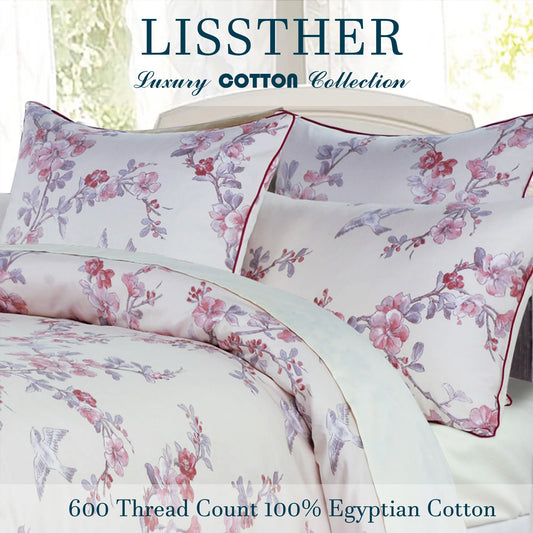 3pcs 600 TC 100% Egyptian Cotton Duvet Cover Set (Without Core),  Vintage Bird and Watercolor Floral , Soft And Skin-friendly