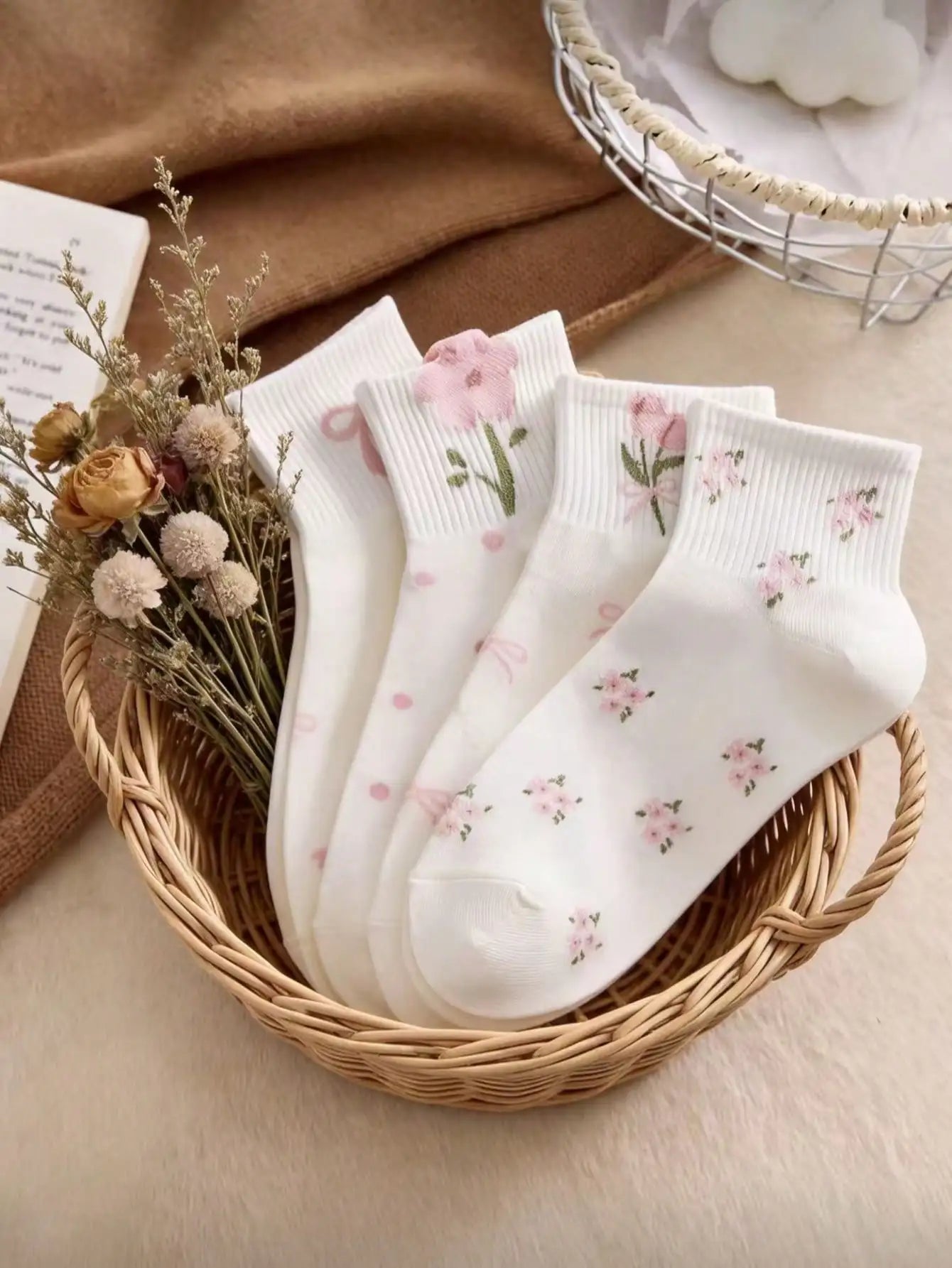 5 Pairs Women's Cute Bow & Floral Pattern Short Socks, Fashionable College Style, Comfortable & Breathable, Versatile For Daily, Sports, Casual Wear, Suitable For Spring, Summer, Autumn
