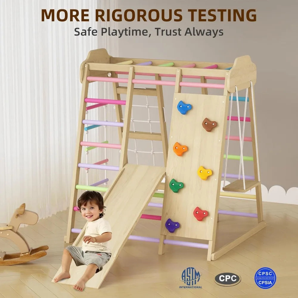 9 in 1 Wooden Indoor Playground: Slide, Swing, Rope Ladder, Climbing Net, Rock Wall, DIY Name Stickers