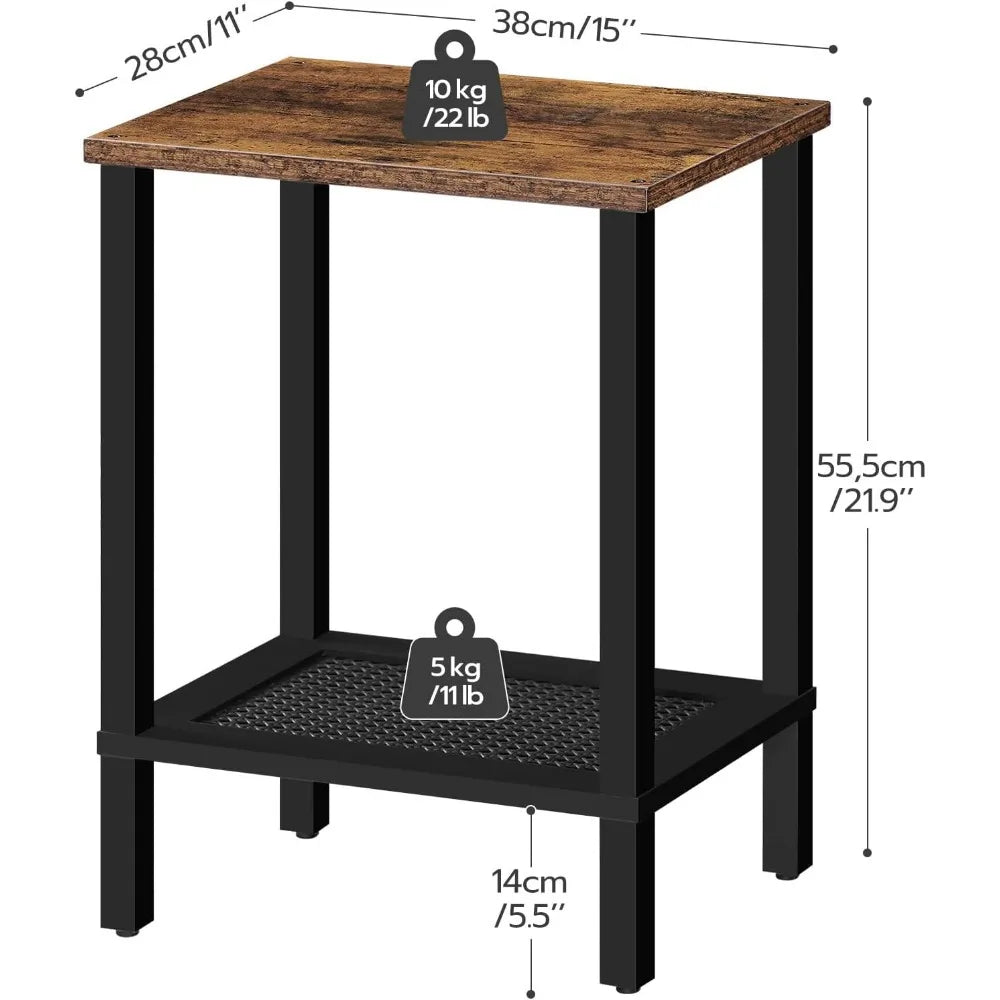 Small Side Table with Two Tier Storage and Faux Rattan Detail Rustic Brown and Black