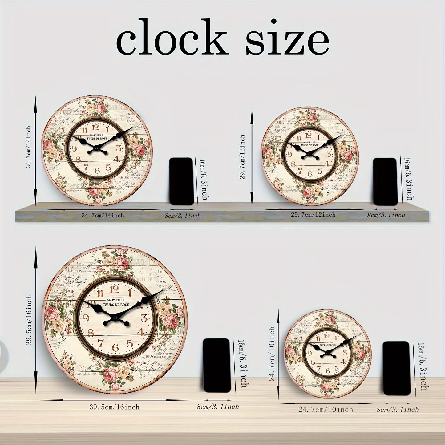 A French Romantic Wooden Teaching Wall Clock, French Marseille Rose Bouquet Design Wall Clock, Silent Silent Quartz Clock, Room