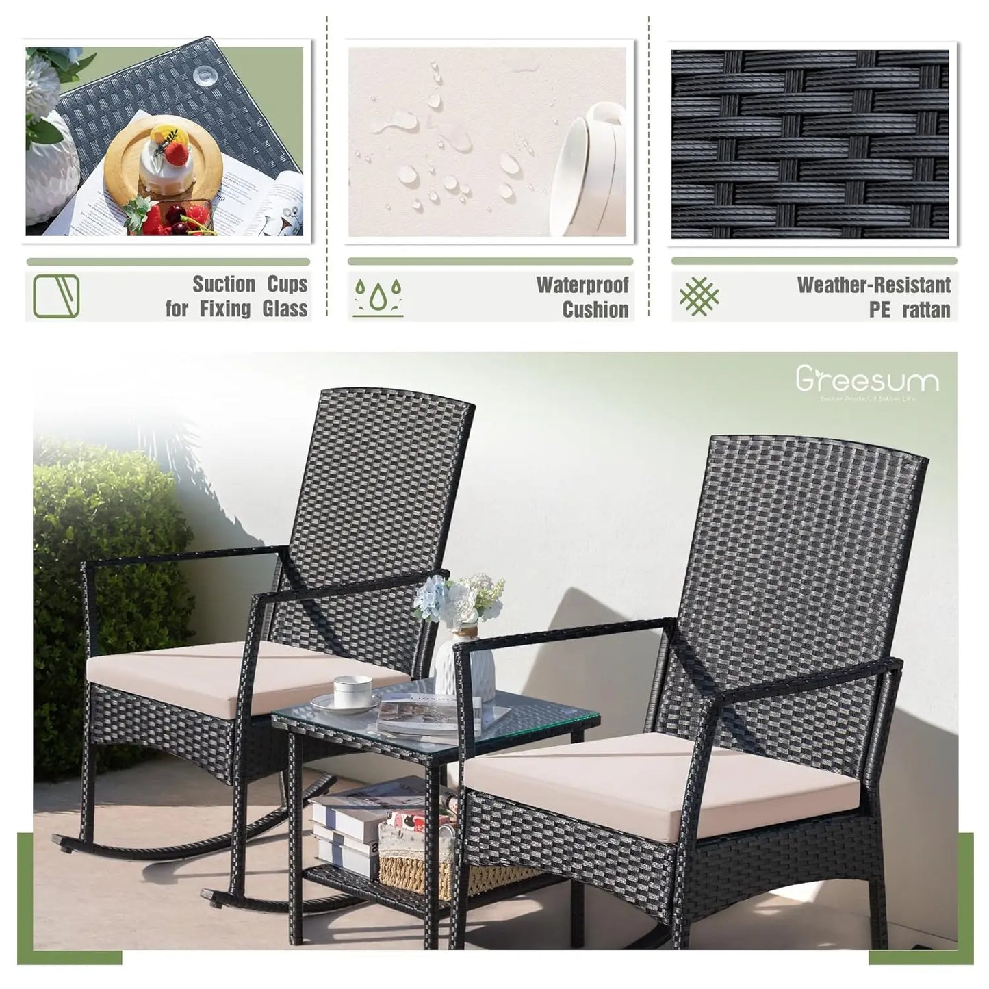 3pc Rattan Rocking Chair Patio Set w Glass Table for Garden Backyard Porch Poolside, Customized