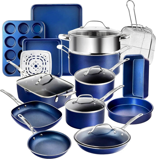 True 20 Pc Pots and Pans Set Non Stick Cookware Set with Deep Square Pan and Bakeware Set, Non Toxic PFOA PFOS Free, Oven Safe