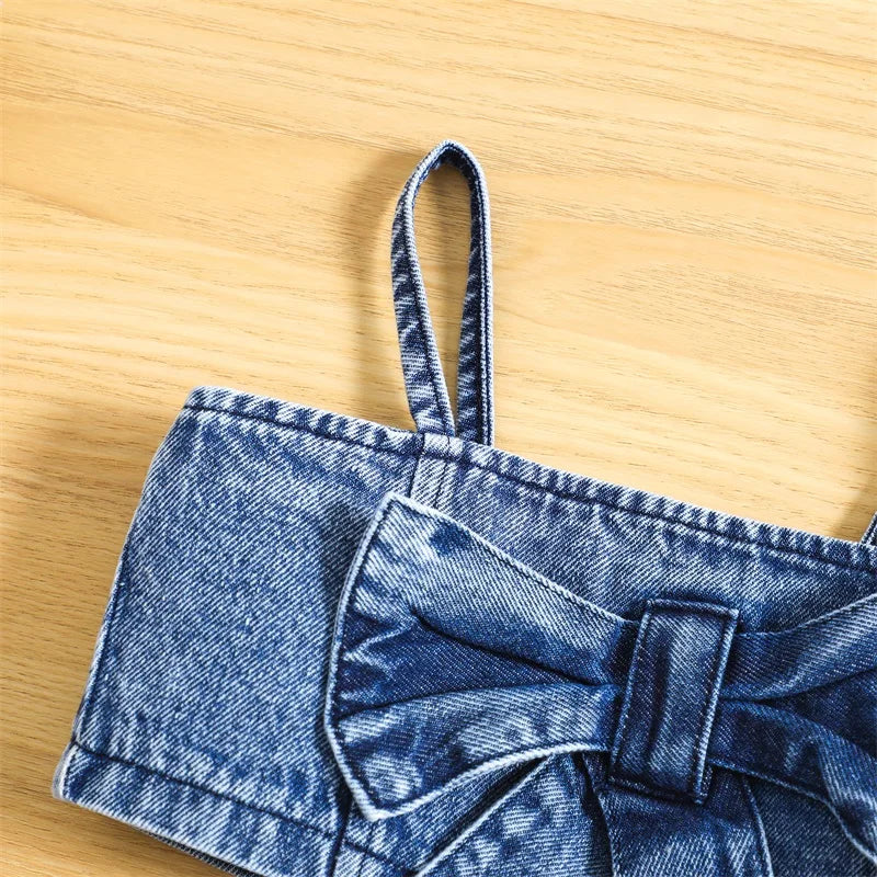 Summer Kids Girls Outfit Solid Color Sleeveless Bow Denim Camisole and Elastic Casual Skirt Shorts Clothes Set